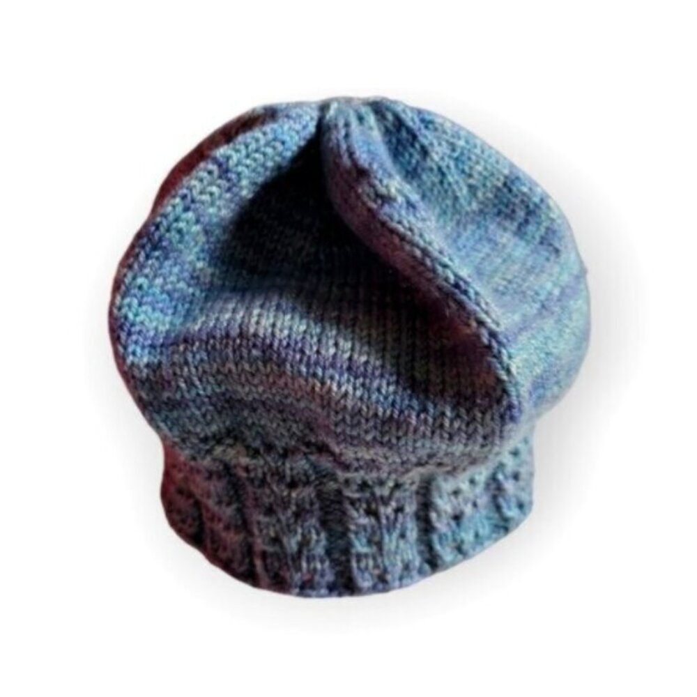 Handknit Twisted Brim Slouchy Hat Blue Ombre Cotton